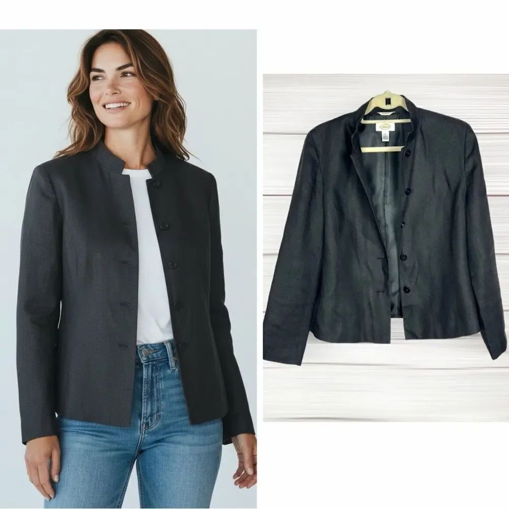 Talbots Vintage Charcoal Irish Linen Stand Collar Blazer Jacket Size 8